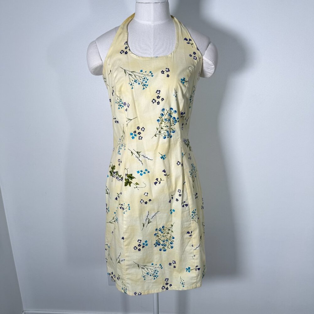 Vintage Cotton Yellow Halter Mini Dress Summery Vacation Beach Cruise Casual S